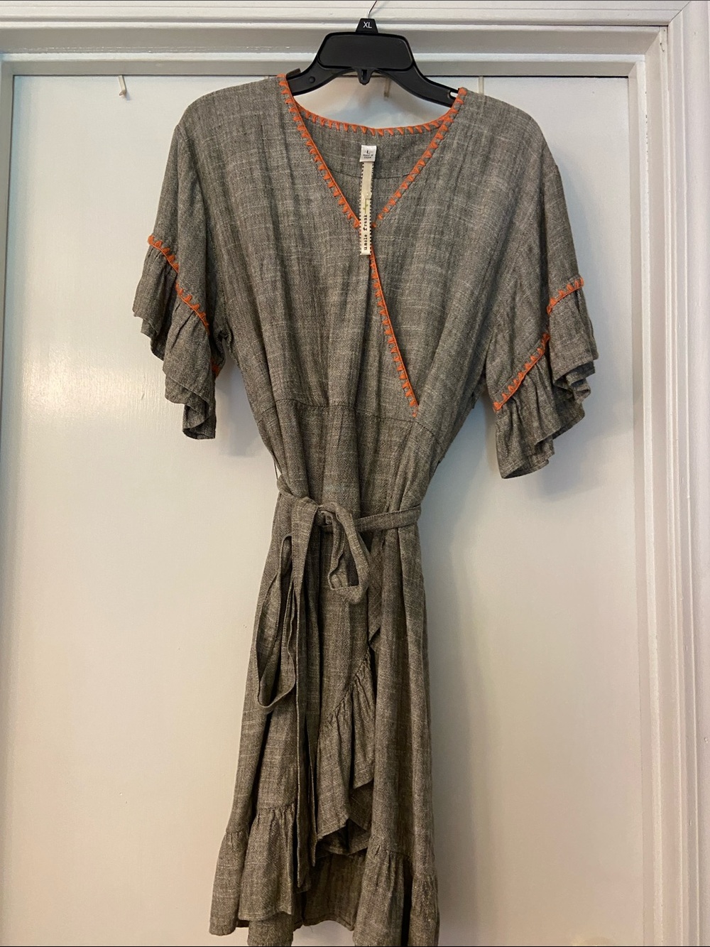 Uncle Frank Gray Midi Wrap Dress with Orange Trim